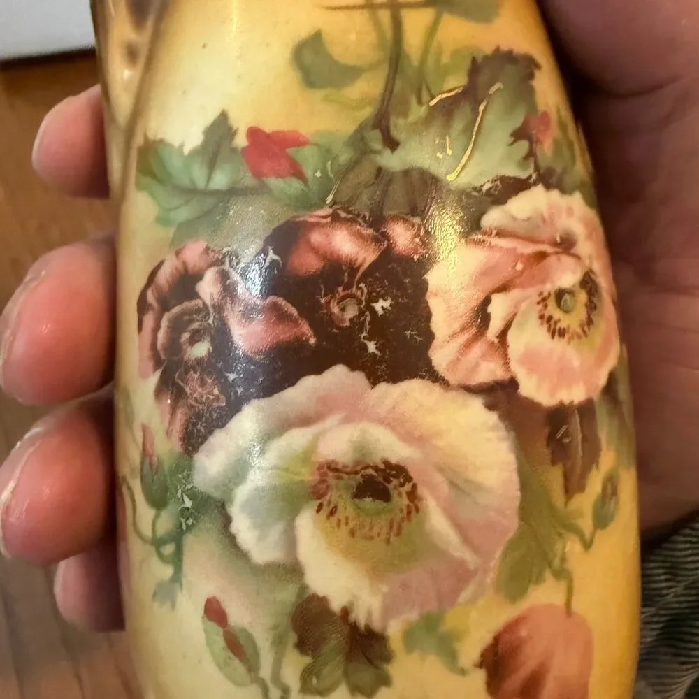 Antique Art Nouveau Double Handle Floral Cabinet Vase Gold Trim Austria Style 6